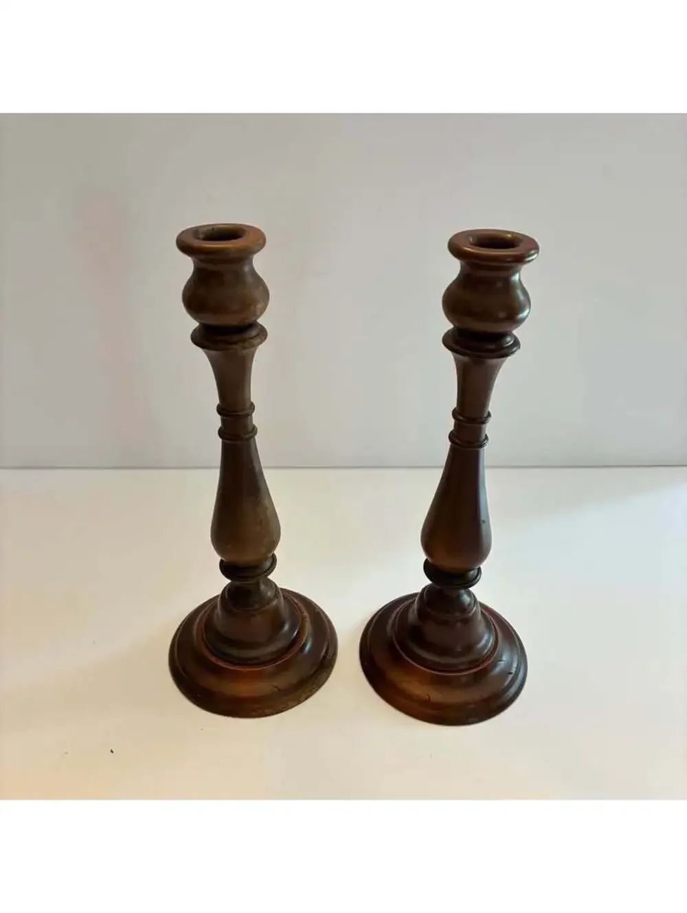 Pair Vintage Turned Wood Candlestick Holders Dark Wood Taper Candle Stands